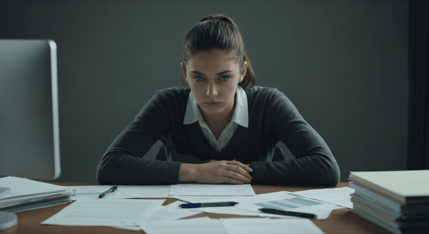 An overwhelmed person at a desk surrounded by numerous choices, depicting decision fatigue.