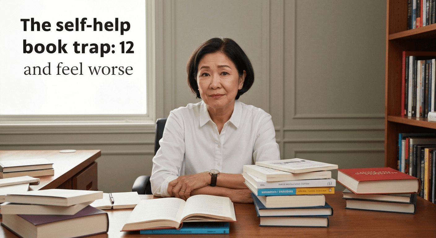 A person overwhelmed by many self-help books, feeling worse from the self-help book trap.